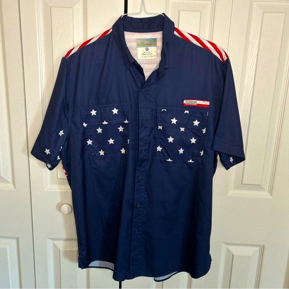Ocean+Coast USA patriotic flag fishing vented shirt men’s Large short sleeve USA
